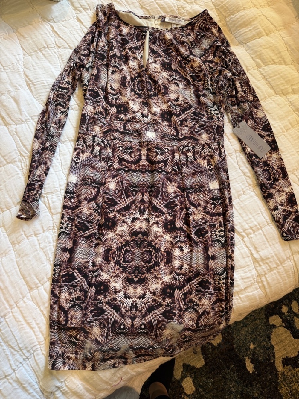 Jennifer Lopez Long-Sleeve Printed Sheath Dress in Brown and Black